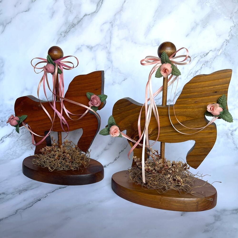 Vintage Wooden Carousel Horse Decor Set of 2 Pink Roses Ribbon Cottagecore